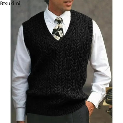 2026 Men's Autumn Winter Warm Casual Knitted Sweater Vest  Sleeveless V Neck Fleece Western Sweaters for Men Sueter Para Hombre