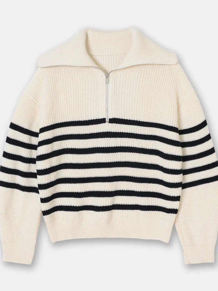 Women's Turtleneck Loose Lapel Striped Knitwear Women Pulovers New Simplicity Half Zipper Casual Fashion Women Sweaters 2025
