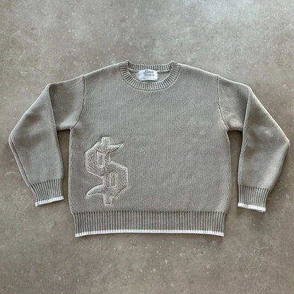 Men Gray Money Sign Sweater Y2k American Dollar Knit Pullover Vintage Classic Streetwear Warm Winter Crewneck Top Casual Fashion