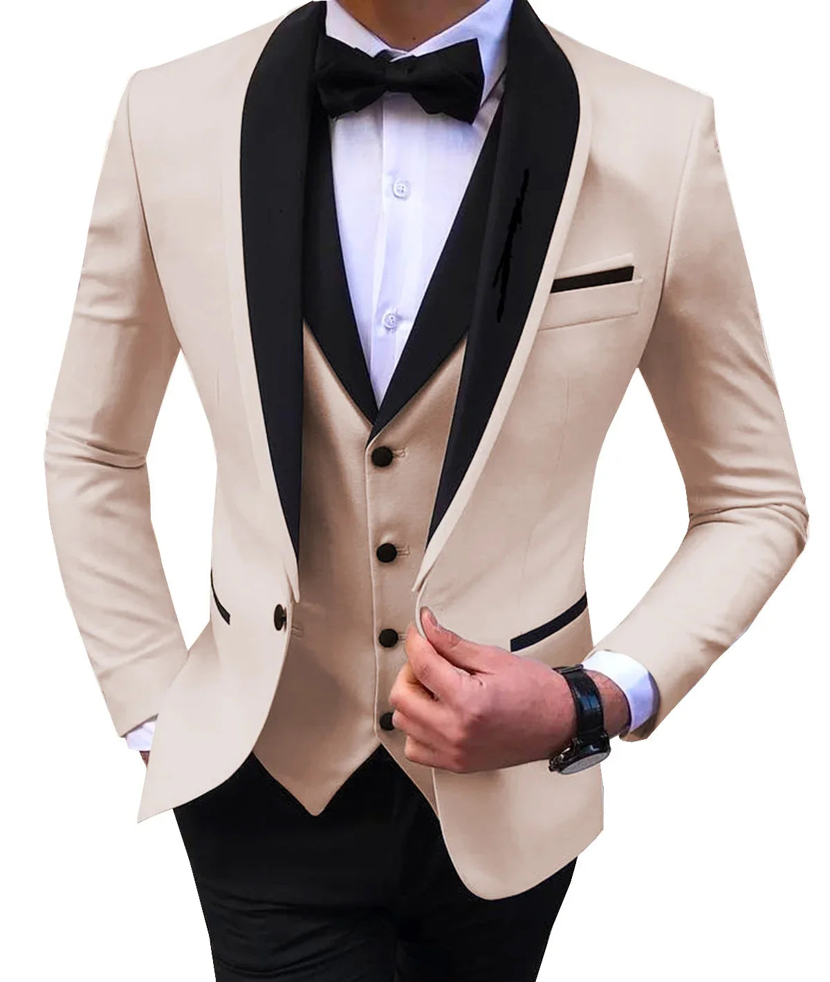 White Slit Mens Suits 3 Piece Black Shawl Lapel Casual Groom Tuxedos for Wedding Groomsmen Suits Men 2025 (Blazer+Vest+Pant)