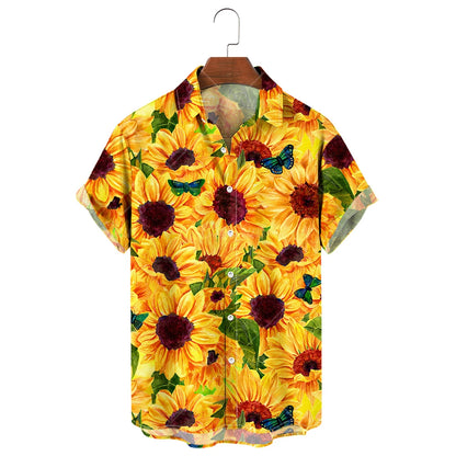 Men's Hawaiian Shirt, 3D Sunflower Print T-Shirt, Floral Single Row Button Lapel, Large 5XL, Casual Style, Beach To
