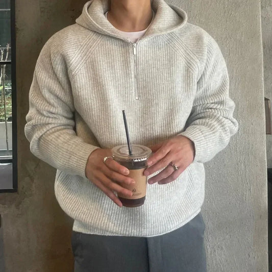 American Half Zipper Hooded Sweater for Men's Autumn Lazy Style Thickened Knitwear Pullover Wide Shoulder Casual Loose Hoodies