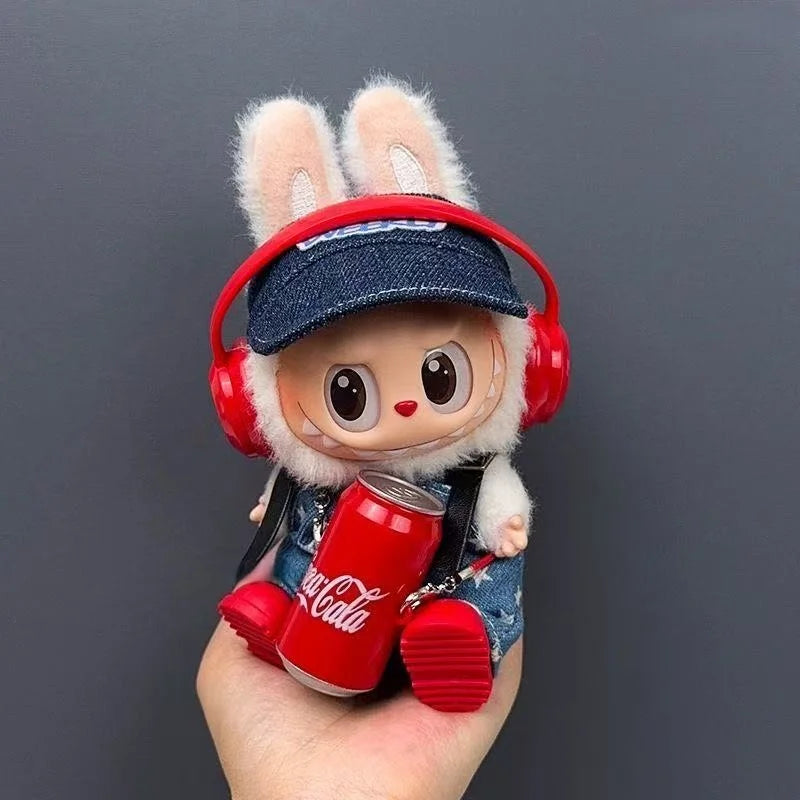 for 15-17cm Labubu Sitting Party Dolls Clothing Suspender Pants Duck Peaked Cap Kit Plush Dolls Cola Bottle Earphone Accessories