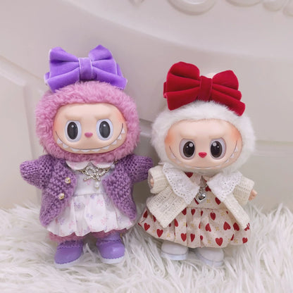 For 15/17cm Labubu Clothes Bow Dress Set Labubu Dolls Clothing Love patterned skirt Outfit Decoration replacement Accessories
