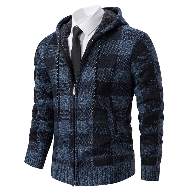 Autumn Winter Men's Cardigan Fashion Plus Velvet Padded Knit Jumpers Male Sweater Hooded Plaid Korean Luxury Brand Coat