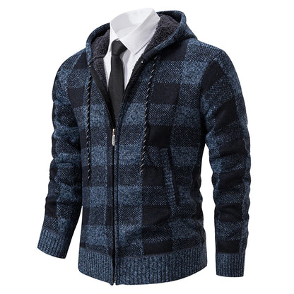 Autumn Winter Men's Cardigan Fashion Plus Velvet Padded Knit Jumpers Male Sweater Hooded Plaid Korean Luxury Brand Coat