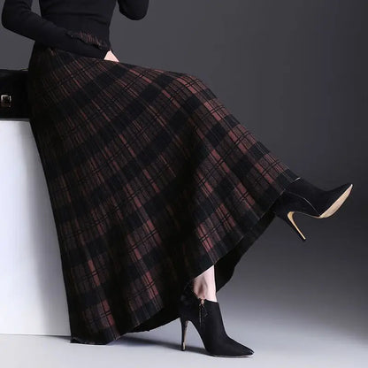 Autumn Winter High Waist  Knitted  A-line Maxi Skirt Women Casual  Skirt Plaid Long skirt