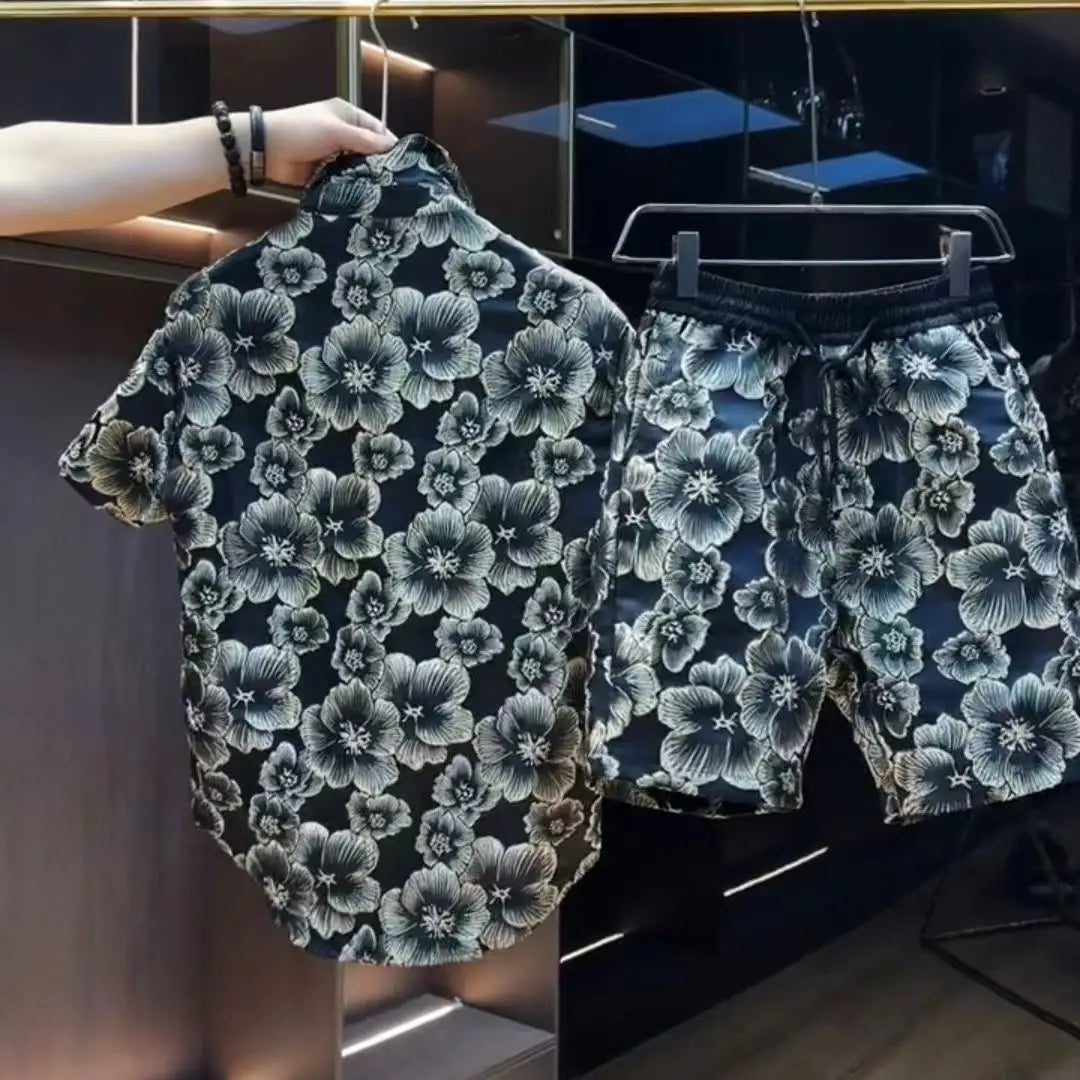 Ethnic Style Embossed Gold-hot Flower Short-sleeved Shirt and Shorts Two-piece Set Men Summer Loose Black Gold Shirt Set
