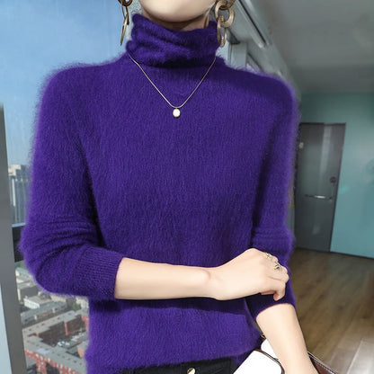 Autumn And Winter New 100% Pure Mink Cashmere Sweater Women's Pile Collar Pullover Slim Sweater Knitted Bottoming Shirt