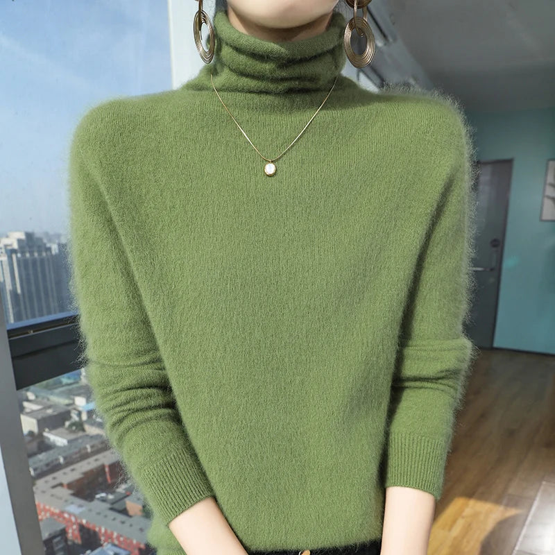Autumn And Winter New 100% Pure Mink Cashmere Sweater Women's Pile Collar Pullover Slim Sweater Knitted Bottoming Shirt