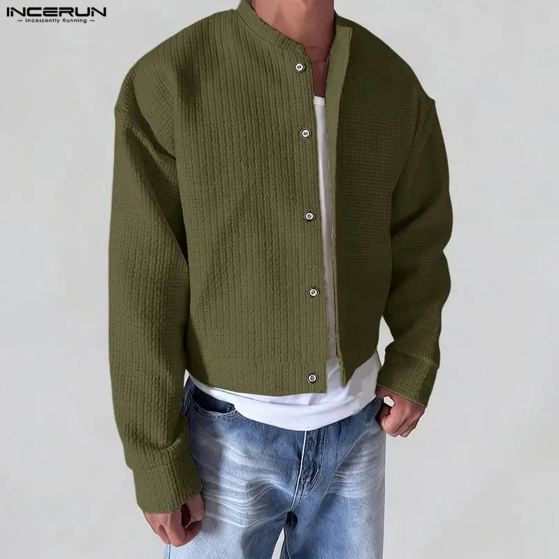 INCERUN Men Jackets Solid Color O-neck Long Sleeve Button Thin Coats Men Streetwear Outerwear 2025 Fashion Casual Male Jackets