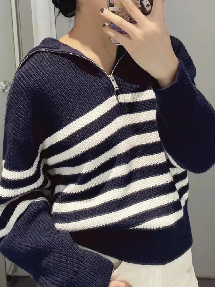 Women's Turtleneck Loose Lapel Striped Knitwear Women Pulovers New Simplicity Half Zipper Casual Fashion Women Sweaters 2025