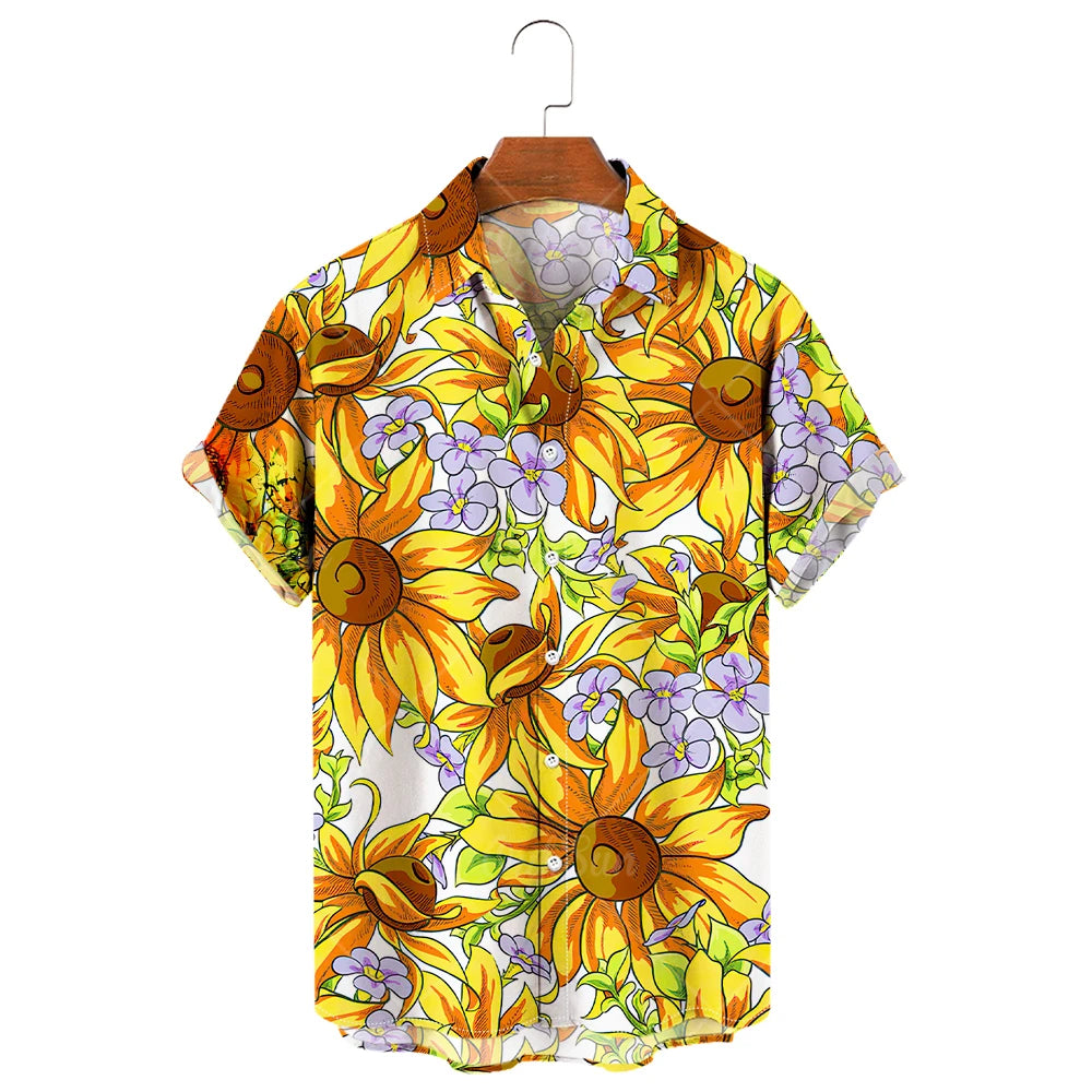 Men's Hawaiian Shirt, 3D Sunflower Print T-Shirt, Floral Single Row Button Lapel, Large 5XL, Casual Style, Beach To