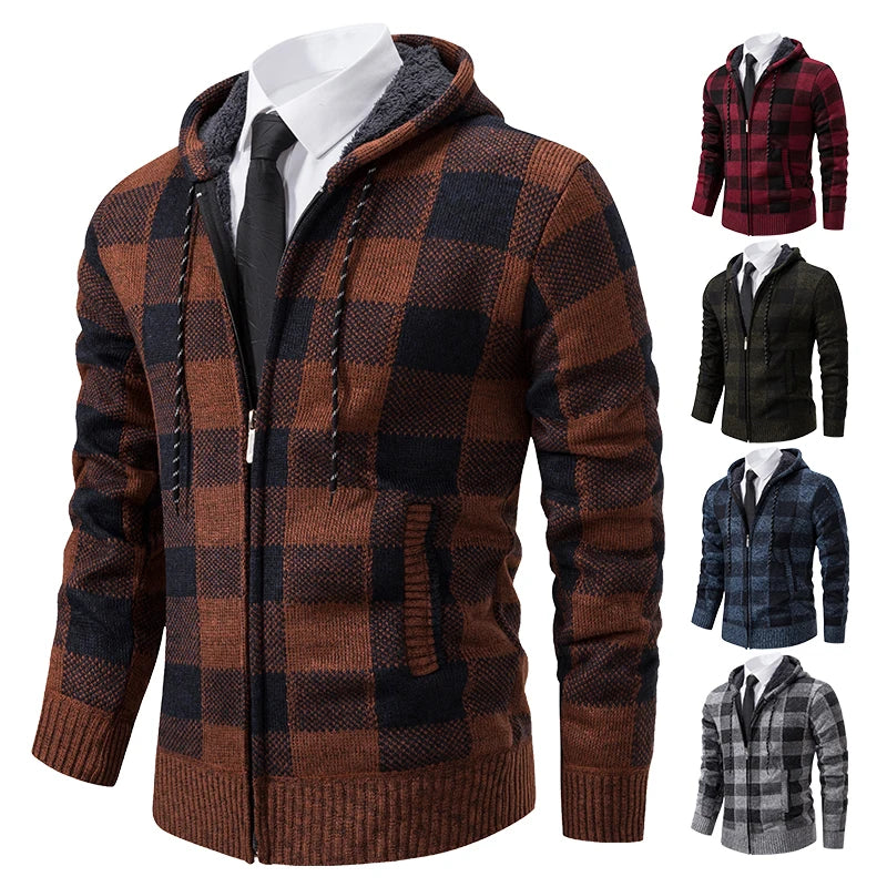 Autumn Winter Men's Cardigan Fashion Plus Velvet Padded Knit Jumpers Male Sweater Hooded Plaid Korean Luxury Brand Coat