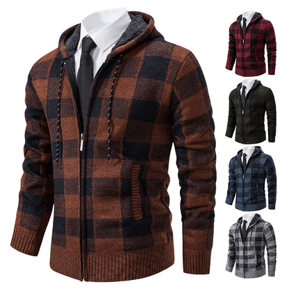 Autumn Winter Men's Cardigan Fashion Plus Velvet Padded Knit Jumpers Male Sweater Hooded Plaid Korean Luxury Brand Coat