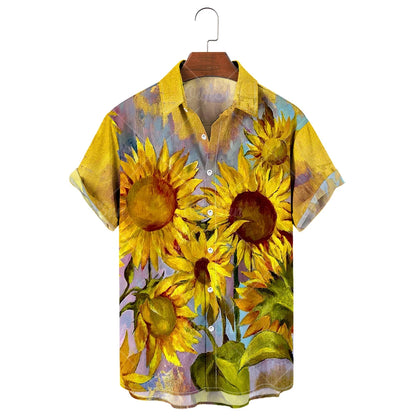Men's Hawaiian Shirt, 3D Sunflower Print T-Shirt, Floral Single Row Button Lapel, Large 5XL, Casual Style, Beach To
