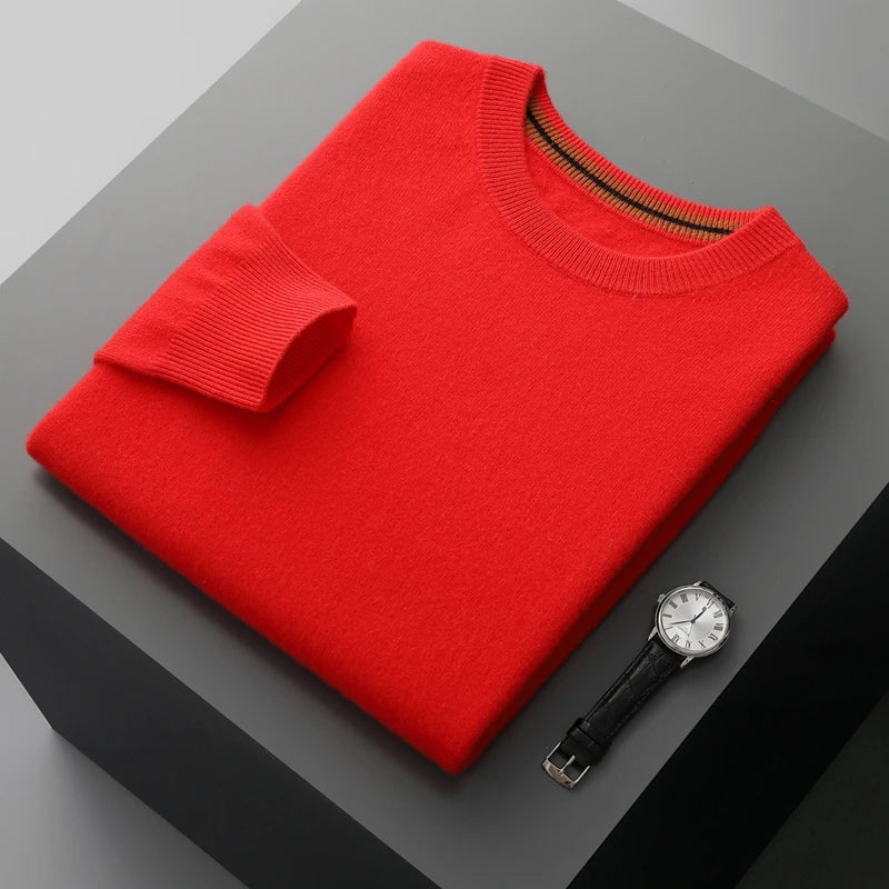 Autumn Winter Men's O-Neck Pullover Sweater 100% Cashmere Simple Basic Knitwear Cashmere Solid Color Clothing Casual Warm Tops