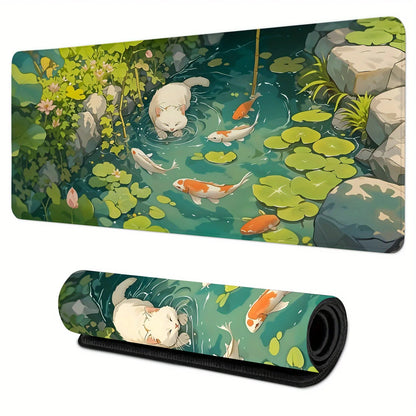White cat and koi kawaii Mouse Pad large Desk Mat gaming mats rubber anti-slip Durable pc accessories keypad Extended mouse pads