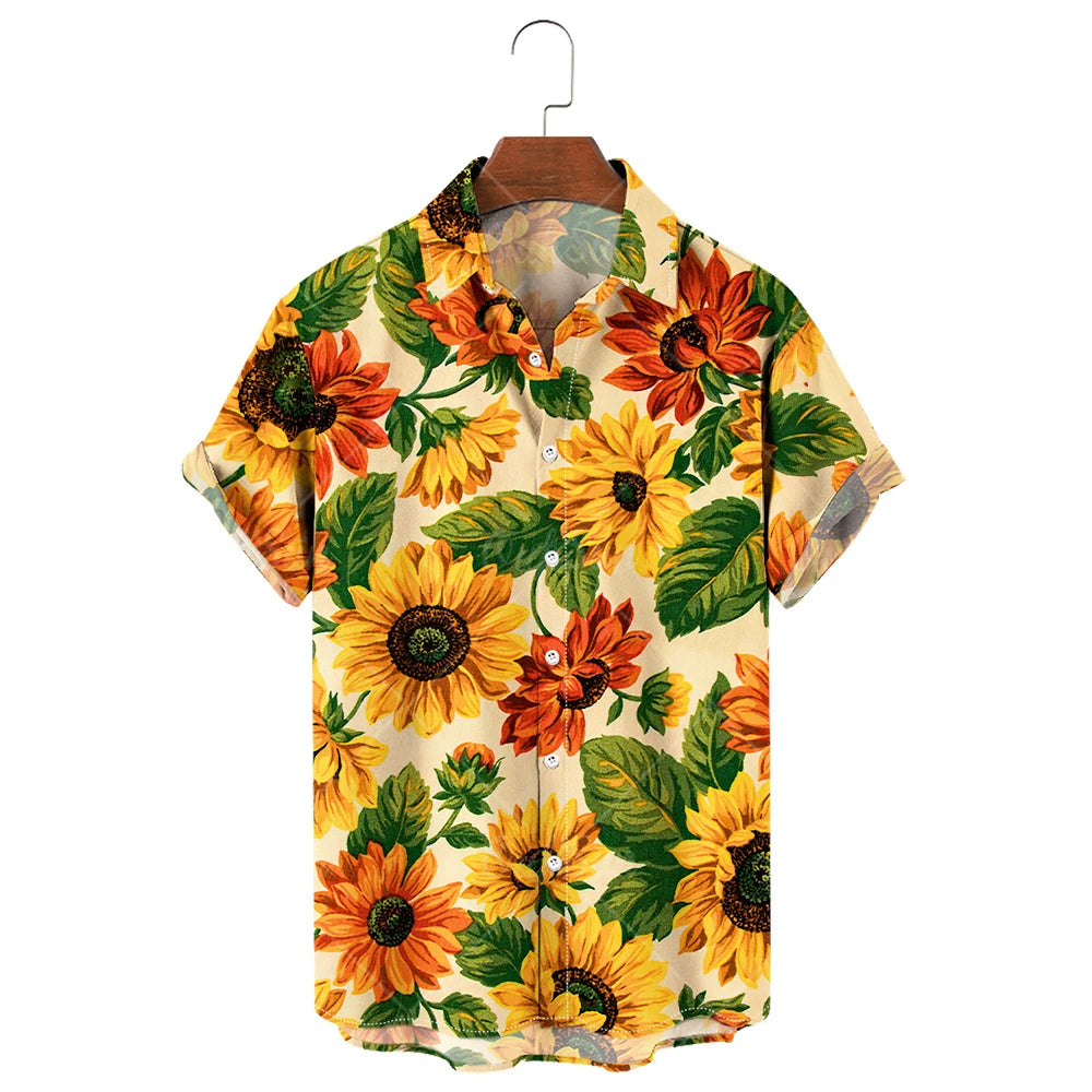 Men's Hawaiian Shirt, 3D Sunflower Print T-Shirt, Floral Single Row Button Lapel, Large 5XL, Casual Style, Beach To