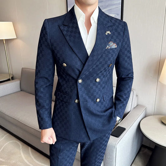 (Jacket+Pants)Luxury Checkered Double Breasted Suit  2 Pieces Fashion Business Slim Fit Social   Formal Suit Evening Dress 5XL-M
