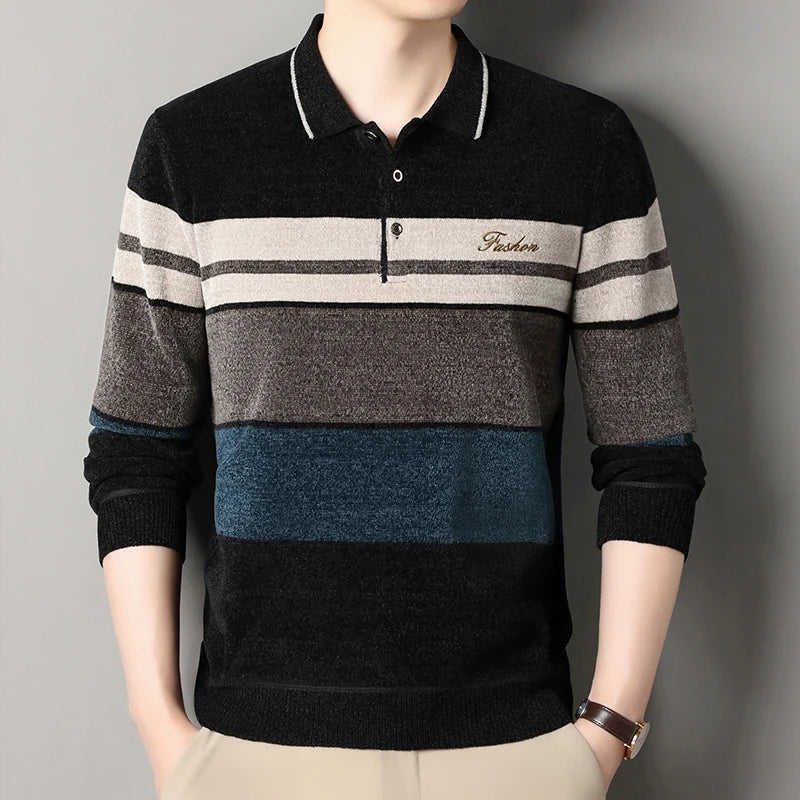 Men's Lapel Sweater Fashion Striped Knitted Pullovers Autumn Winter Fleece Lined Knitwear Thickened Jumpers New Jersey
