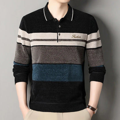 Men's Lapel Sweater Fashion Striped Knitted Pullovers Autumn Winter Fleece Lined Knitwear Thickened Jumpers New Jersey