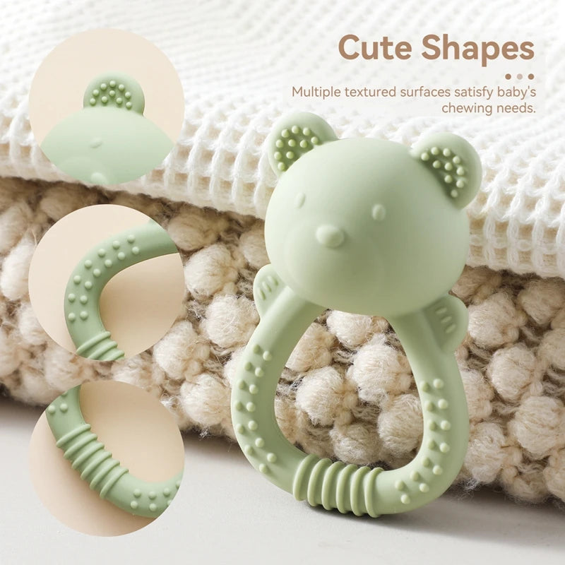 Silicone Teether for Babies Food-Grade Teething Toy Rattle 0-12 Months Baby Sensory Toy Bear Hand Bell Silicone Teething Toy