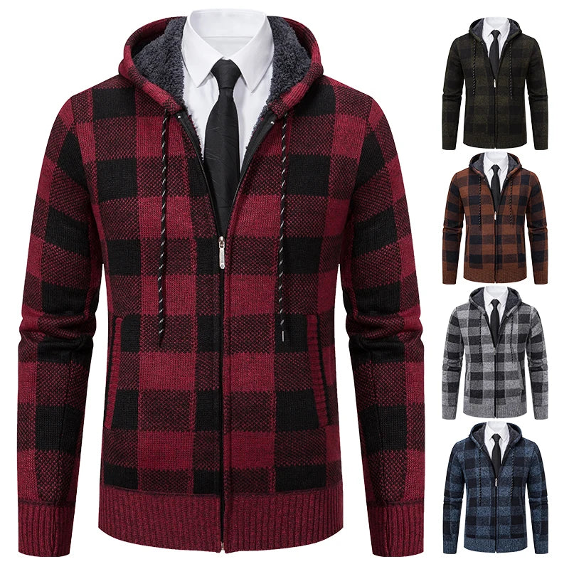 Autumn Winter Men's Cardigan Fashion Plus Velvet Padded Knit Jumpers Male Sweater Hooded Plaid Korean Luxury Brand Coat