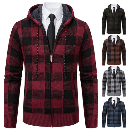 Autumn Winter Men's Cardigan Fashion Plus Velvet Padded Knit Jumpers Male Sweater Hooded Plaid Korean Luxury Brand Coat