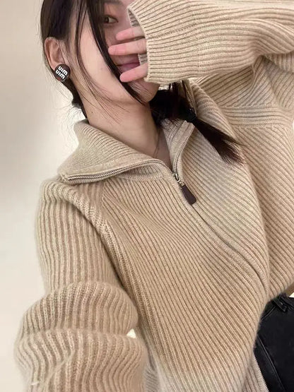 New 2025 high-end autumn and winter knitted women's lapel cashmere wool sweater casual short women's cardigan 100% wool sweater