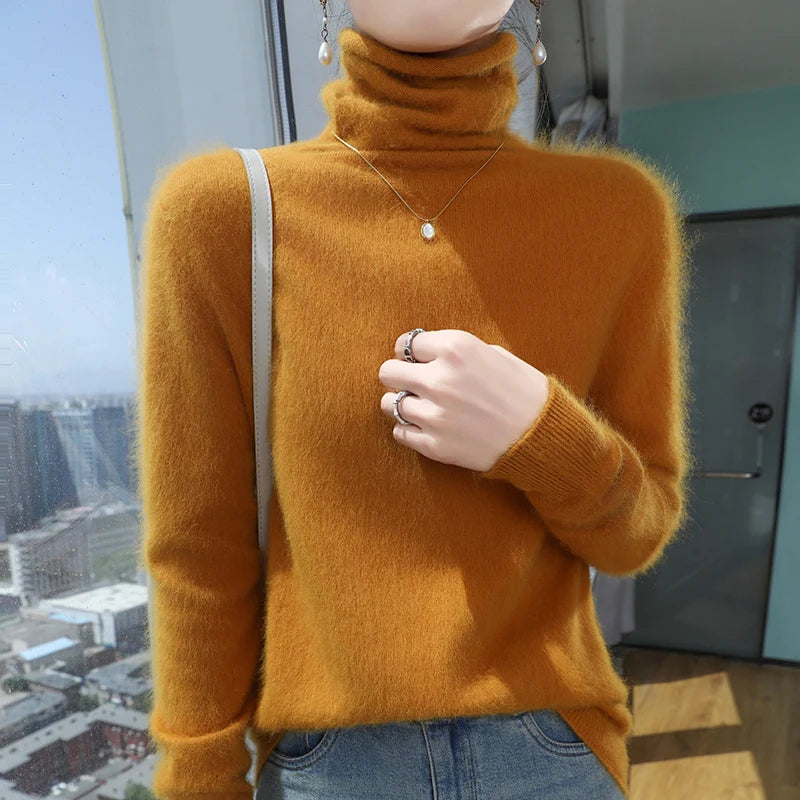 Autumn And Winter New 100% Pure Mink Cashmere Sweater Women's Pile Collar Pullover Slim Sweater Knitted Bottoming Shirt