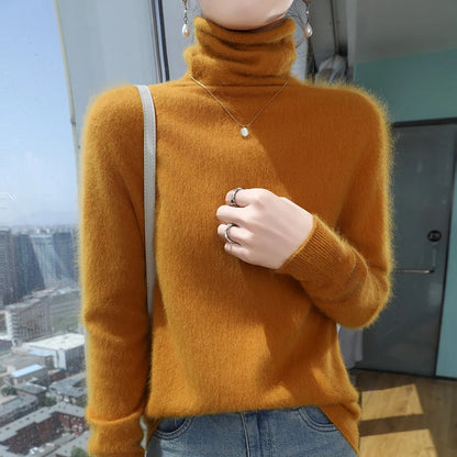 Autumn And Winter New 100% Pure Mink Cashmere Sweater Women's Pile Collar Pullover Slim Sweater Knitted Bottoming Shirt