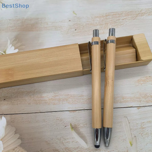 ♥Eco-Friendly Bamboo Pen Set with Gift Box - Retractable Ballpoint Pens for Office/Stationery (Natural Wooden Style)