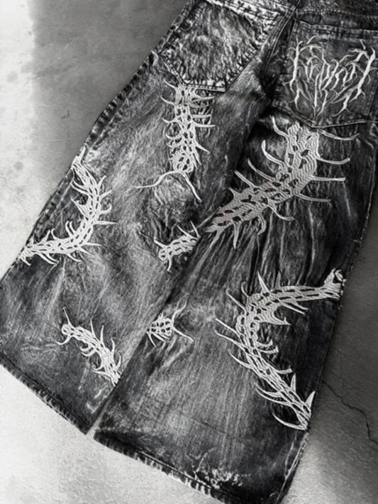 Y2K New Retro Centipede Embroidery Pattern Washed Oversized Wide-Leg Pants Street Gothic Harajuku Floor Pants For Men and Women
