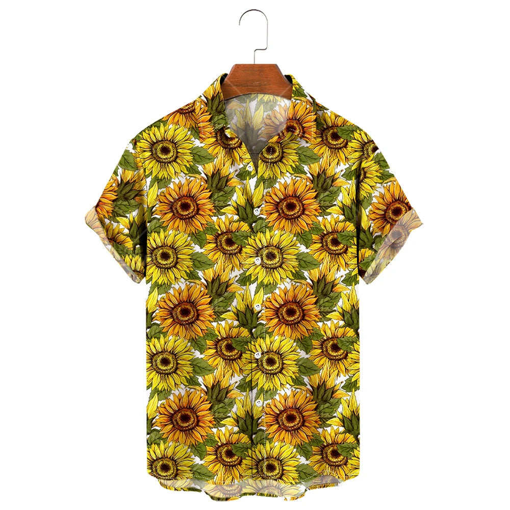 Men's Hawaiian Shirt, 3D Sunflower Print T-Shirt, Floral Single Row Button Lapel, Large 5XL, Casual Style, Beach To