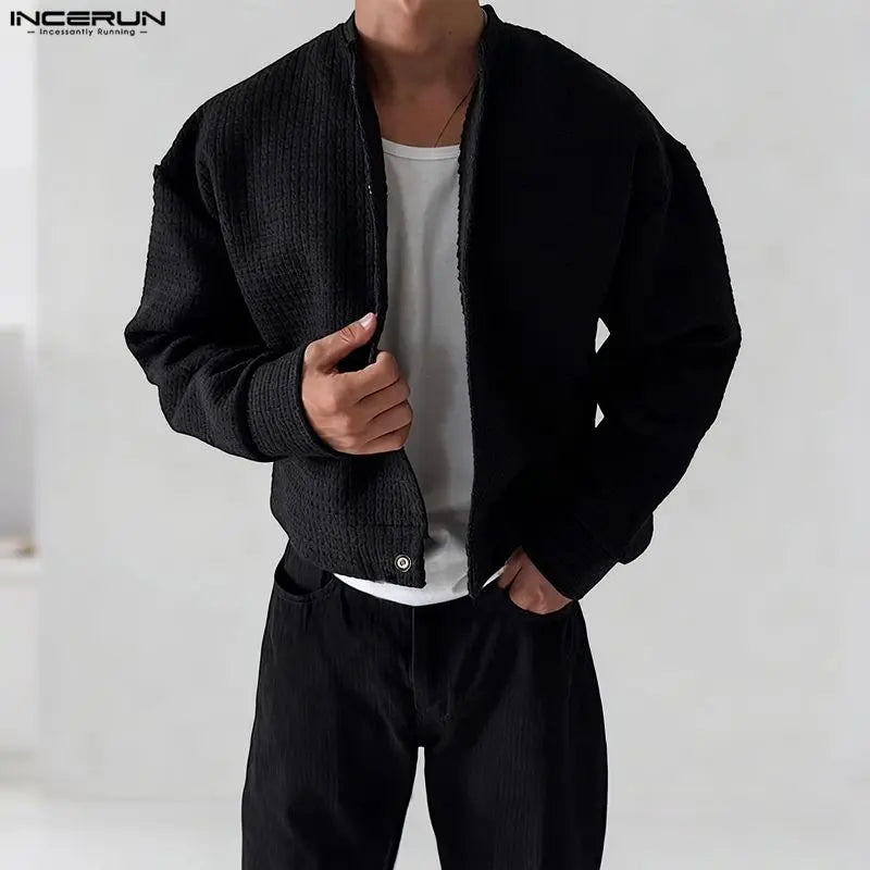 INCERUN Men Jackets Solid Color O-neck Long Sleeve Button Thin Coats Men Streetwear Outerwear 2025 Fashion Casual Male Jackets