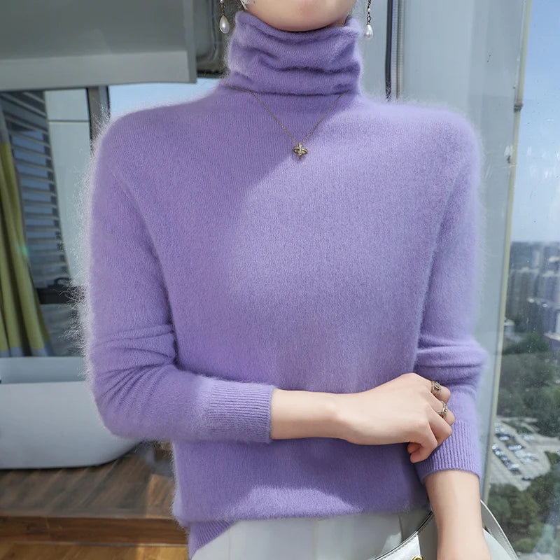 Autumn And Winter New 100% Pure Mink Cashmere Sweater Women's Pile Collar Pullover Slim Sweater Knitted Bottoming Shirt