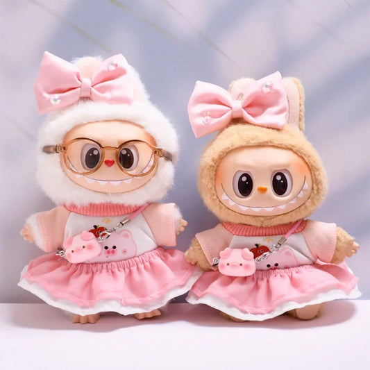 For 17cm Labubu V1/V2 Pink Piggy Skirt Set | Plush Doll Clothes - Cute DIY Kid Gift with Accessories