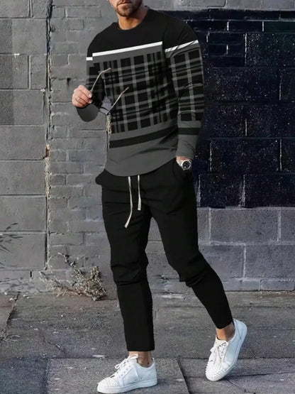 Urban Street Fashion Trend Men's Long Sleeve Round Neck Set 2pcs Daily Casual Men's Round Neck Top Outdoor Casual Loose Long Sty