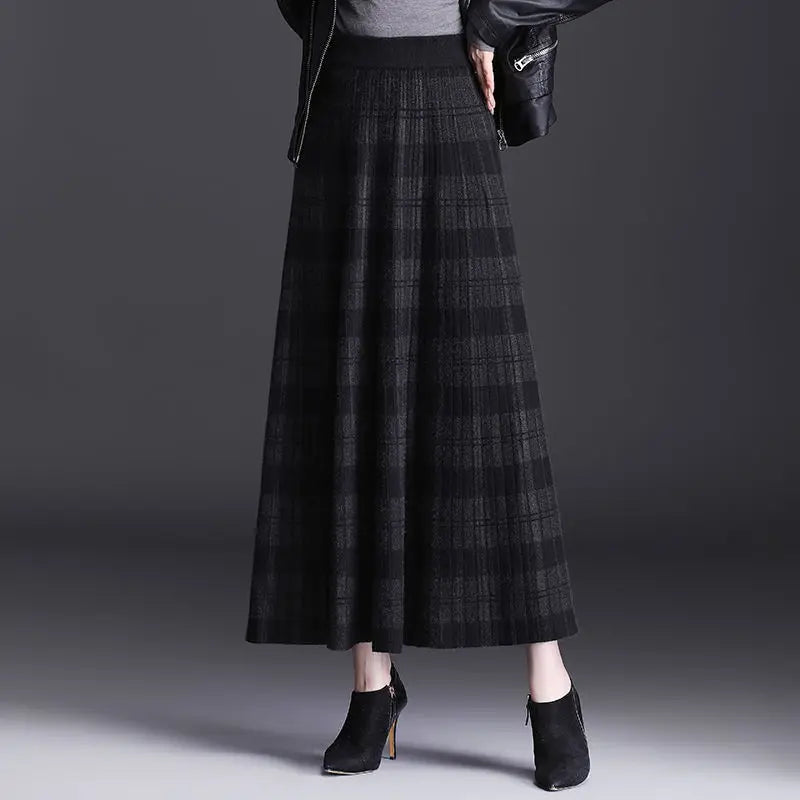 Autumn Winter High Waist  Knitted  A-line Maxi Skirt Women Casual  Skirt Plaid Long skirt
