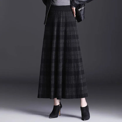 Autumn Winter High Waist  Knitted  A-line Maxi Skirt Women Casual  Skirt Plaid Long skirt