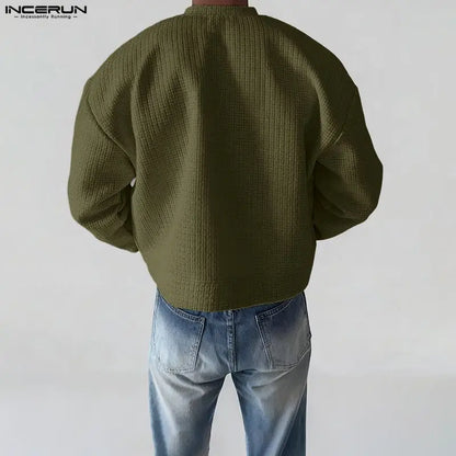 INCERUN Men Jackets Solid Color O-neck Long Sleeve Button Thin Coats Men Streetwear Outerwear 2025 Fashion Casual Male Jackets