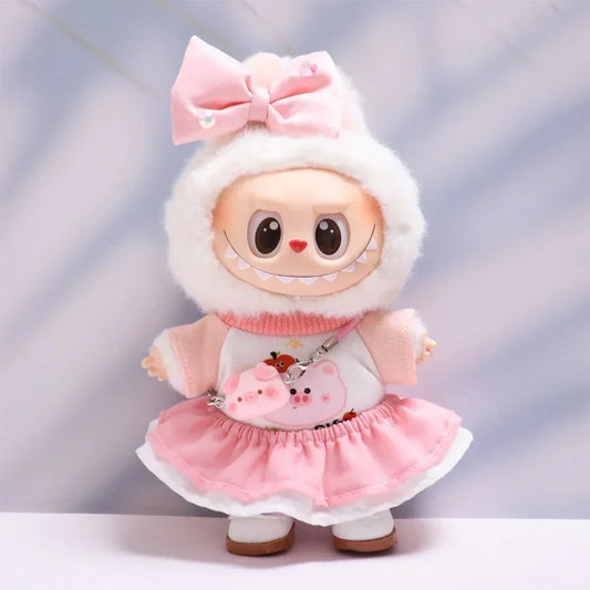 For 17cm Labubu V1/V2 Pink Piggy Skirt Set | Plush Doll Clothes - Cute DIY Kid Gift with Accessories
