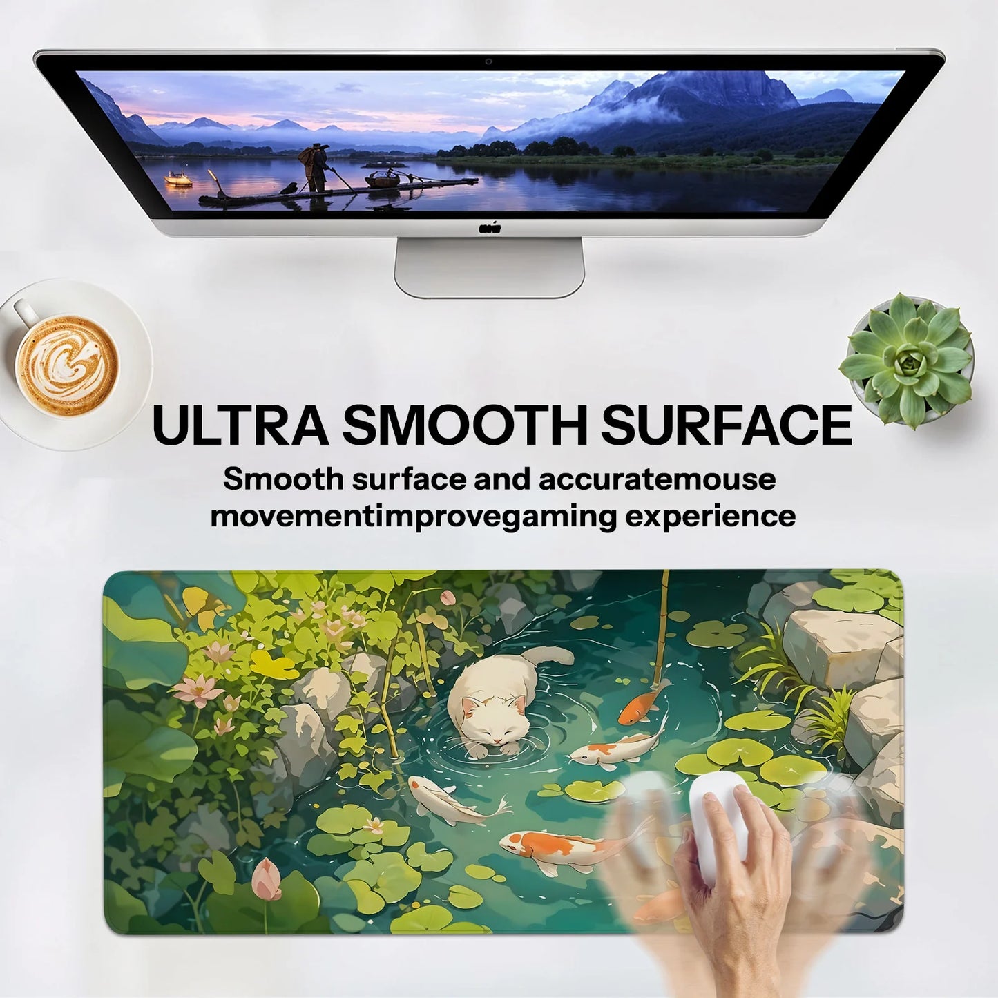 White cat and koi kawaii Mouse Pad large Desk Mat gaming mats rubber anti-slip Durable pc accessories keypad Extended mouse pads