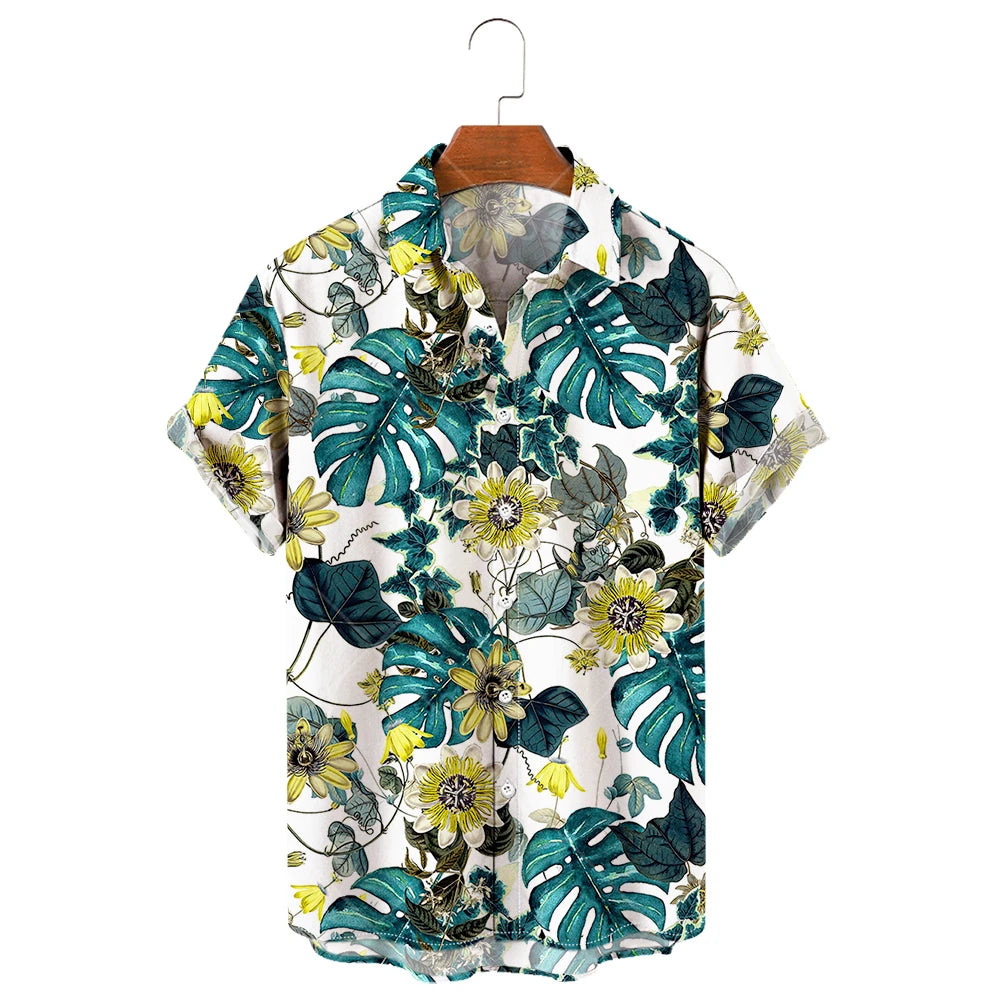 Men's Hawaiian Shirt, 3D Sunflower Print T-Shirt, Floral Single Row Button Lapel, Large 5XL, Casual Style, Beach To