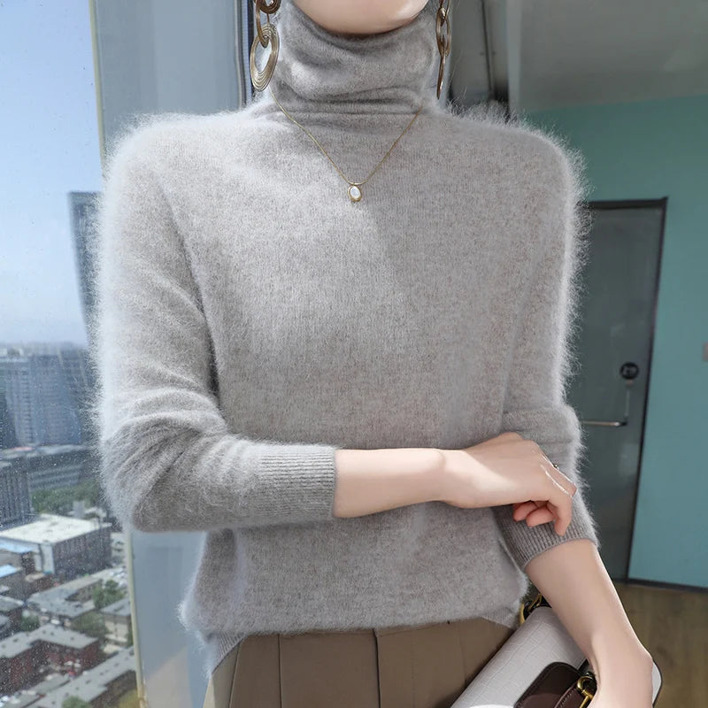 Autumn And Winter New 100% Pure Mink Cashmere Sweater Women's Pile Collar Pullover Slim Sweater Knitted Bottoming Shirt