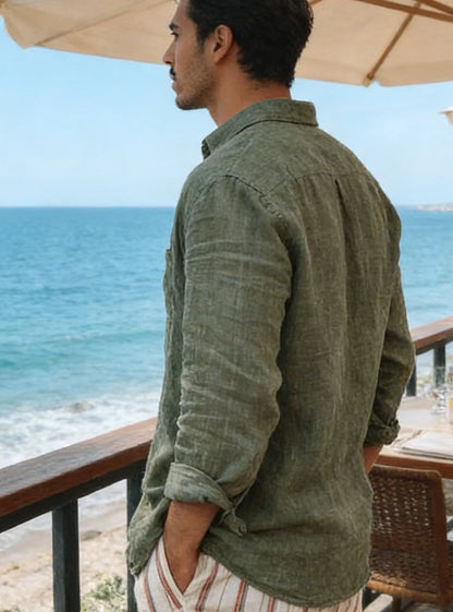 Men's new men's long sleeve buttoned cotton linen shirt lapel cardigan