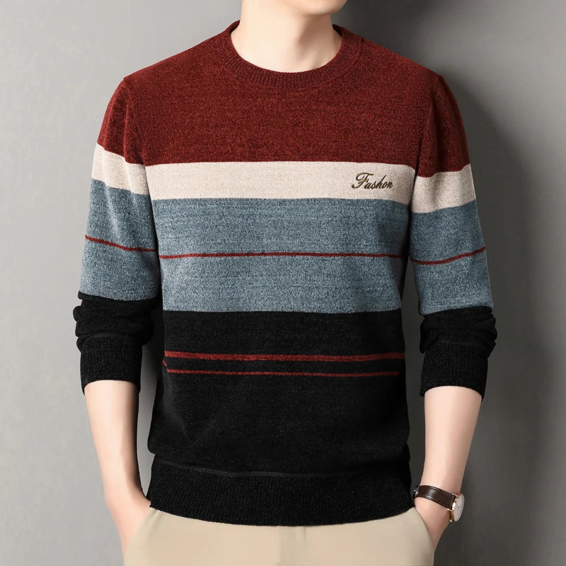 Men's Lapel Sweater Fashion Striped Knitted Pullovers Autumn Winter Fleece Lined Knitwear Thickened Jumpers New Jersey