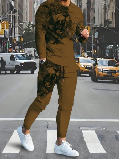 Urban Street Fashion Trend Men's Long Sleeve Round Neck Set 2pcs Daily Casual Men's Round Neck Top Outdoor Casual Loose Long Sty