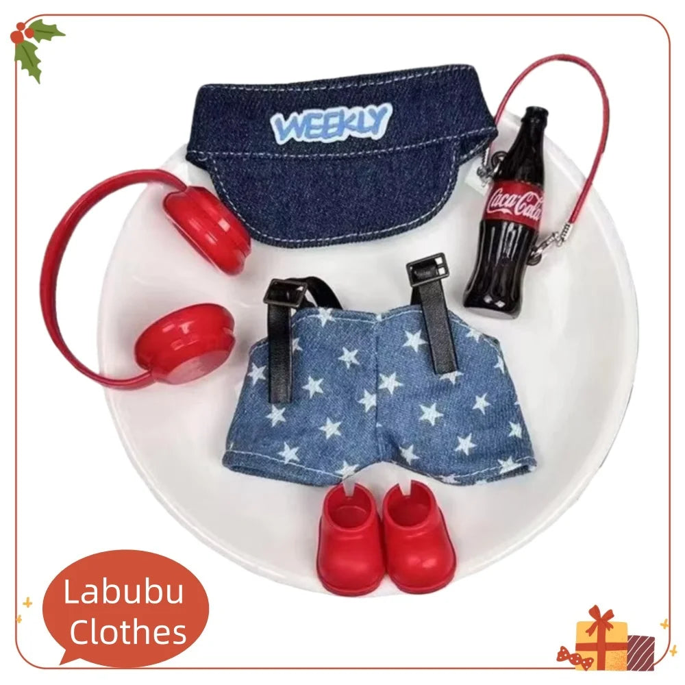 for 15-17cm Labubu Sitting Party Dolls Clothing Suspender Pants Duck Peaked Cap Kit Plush Dolls Cola Bottle Earphone Accessories